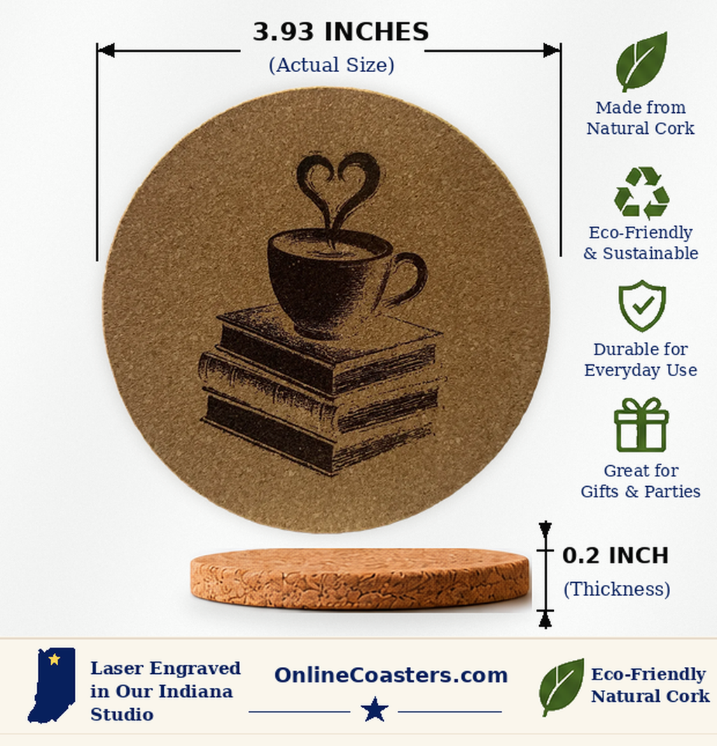 Coffee Cup With Heart On Books cork coaster size diagram, 3.93 inch diameter and 0.2 inch thickness