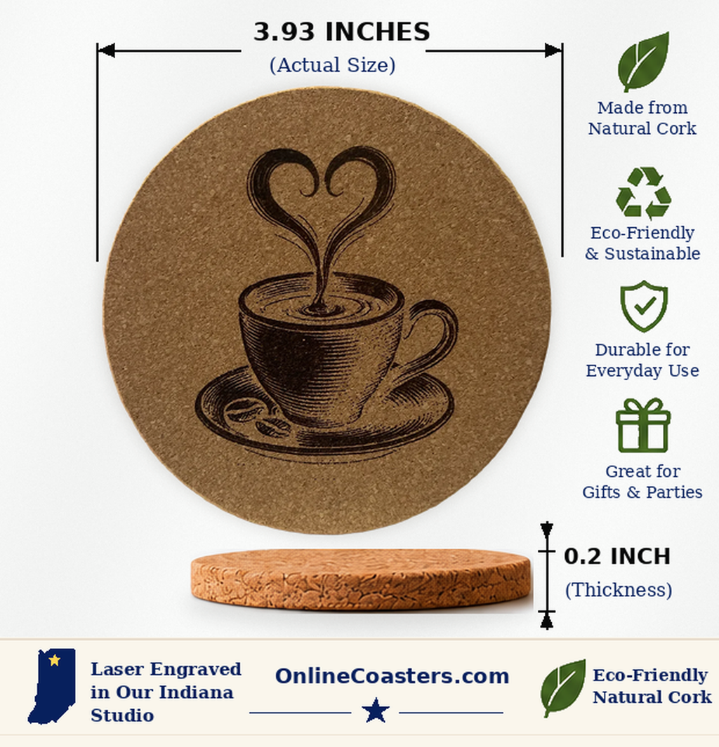 Coffee Cup With Heart Steam cork coaster size diagram, 3.93 inch diameter and 0.2 inch thickness