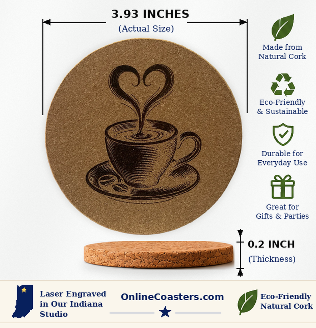 Coffee Cup With Heart Steam cork coaster size diagram, 3.93 inch diameter and 0.2 inch thickness