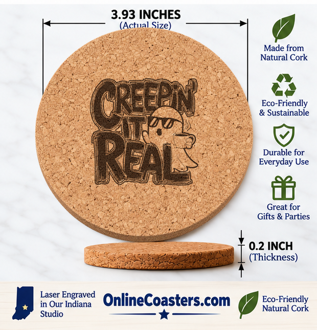 Creepin It Real cork coaster size diagram, 3.93 inch diameter and 0.2 inch thickness