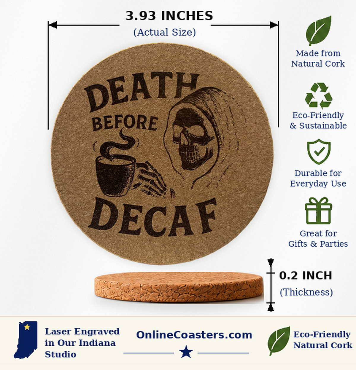 Death Before Decaf cork coaster size diagram, 3.93 inch diameter and 0.2 inch thickness