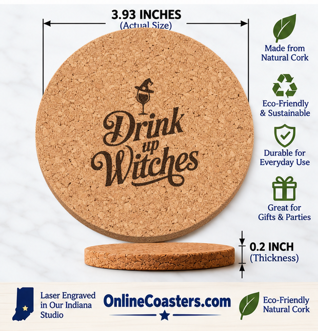 Drink Up Witches cork coaster size diagram, 3.93 inch diameter and 0.2 inch thickness