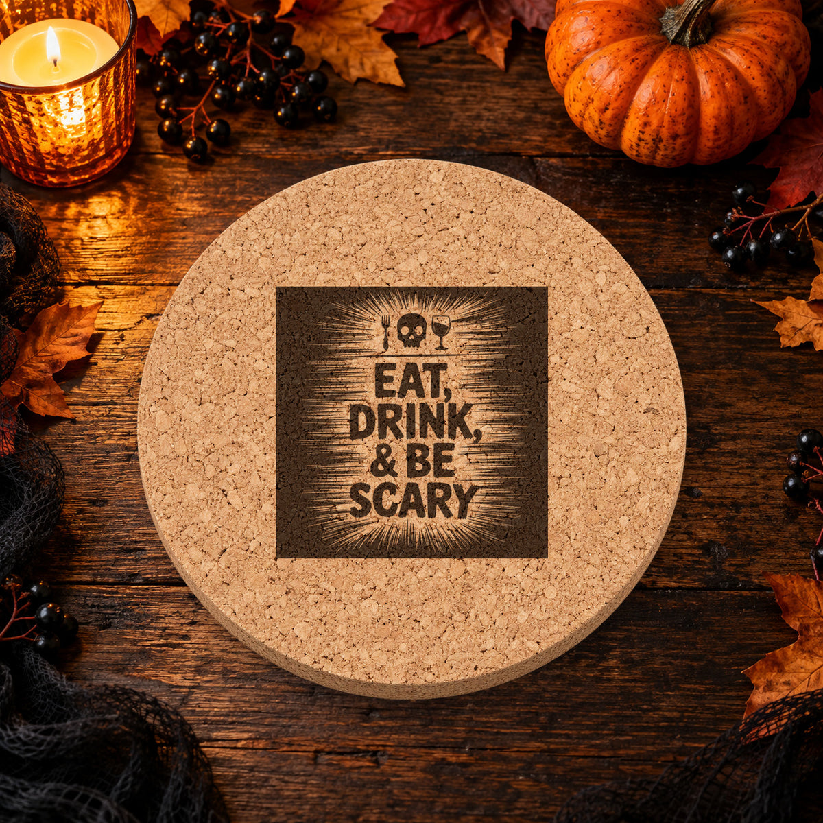 Eat, Drink, and Be Scary laser engraved Halloween cork coaster — lifestyle view