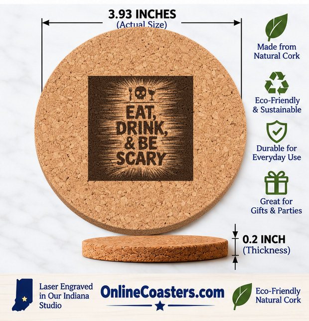 Eat, Drink, and Be Scary cork coaster size diagram, 3.93 inch diameter and 0.2 inch thickness