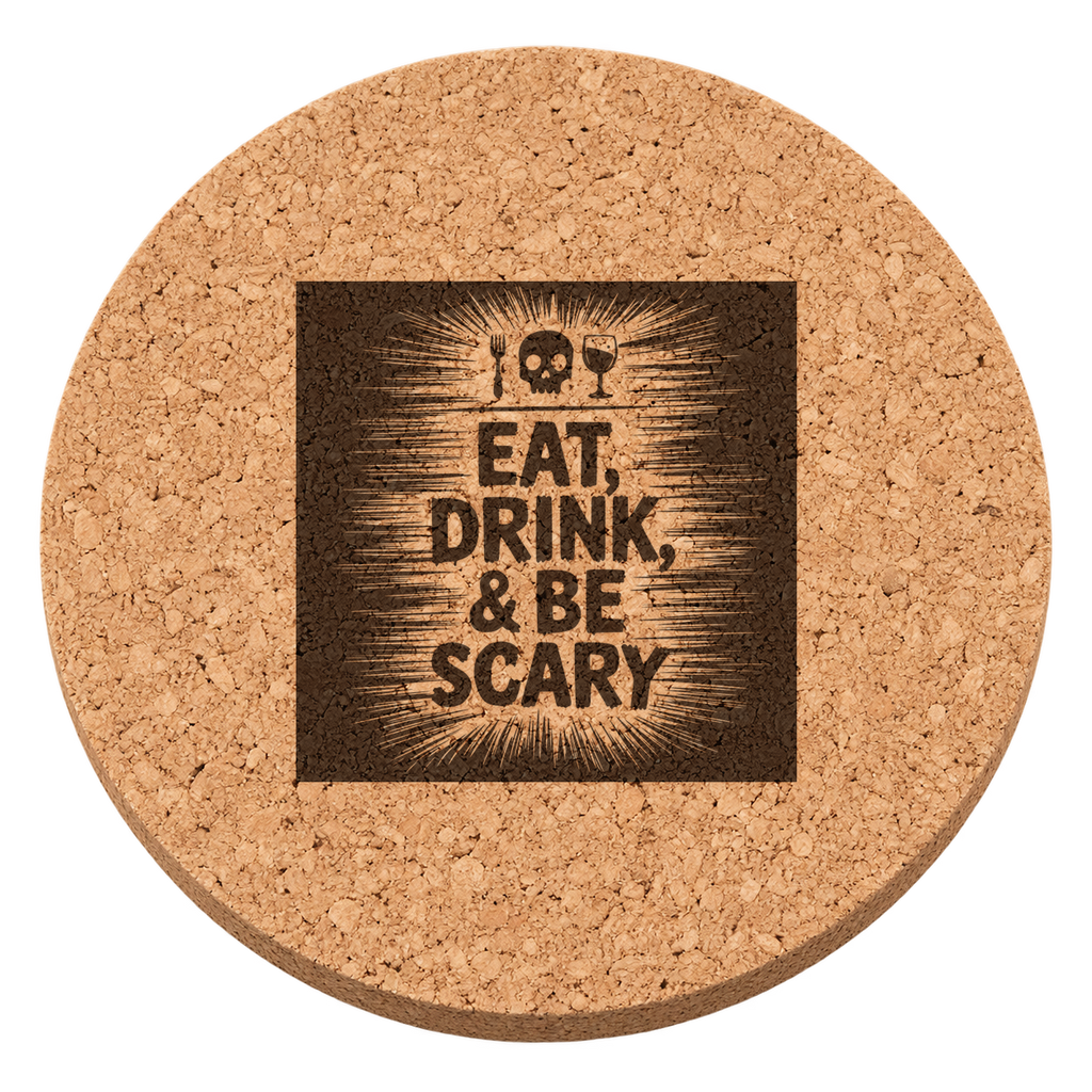 Eat, Drink, and Be Scary laser engraved Halloween cork coaster — transparent view
