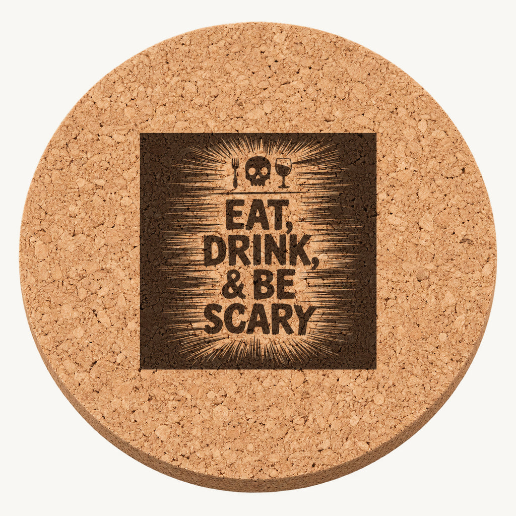 Eat, Drink, and Be Scary laser engraved Halloween cork coaster — front view