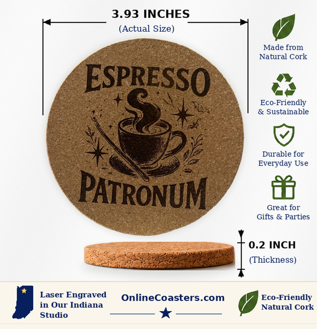 Espresso Patronum cork coaster size diagram, 3.93 inch diameter and 0.2 inch thickness