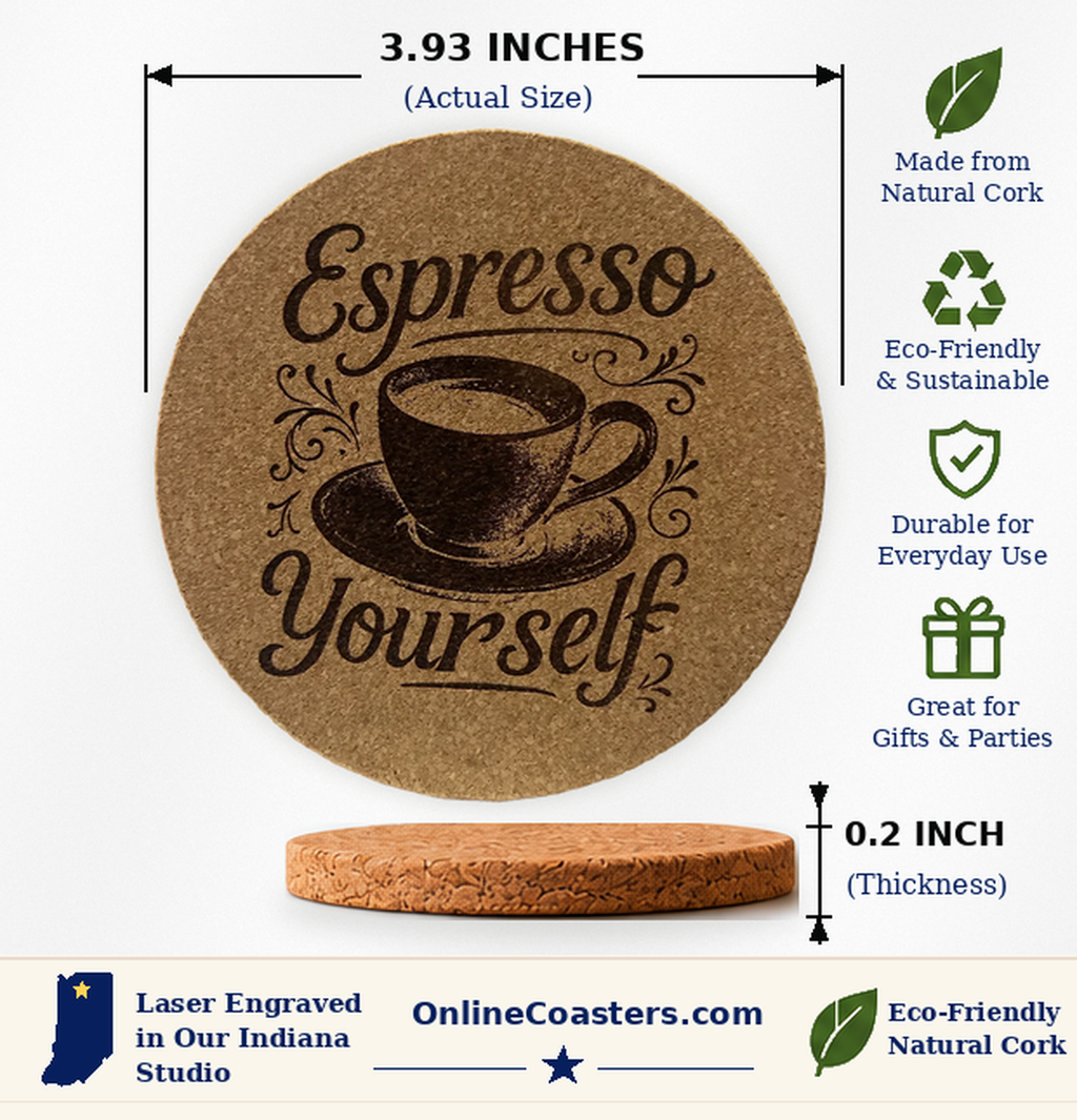 Espresso Yourself cork coaster size diagram, 3.93 inch diameter and 0.2 inch thickness