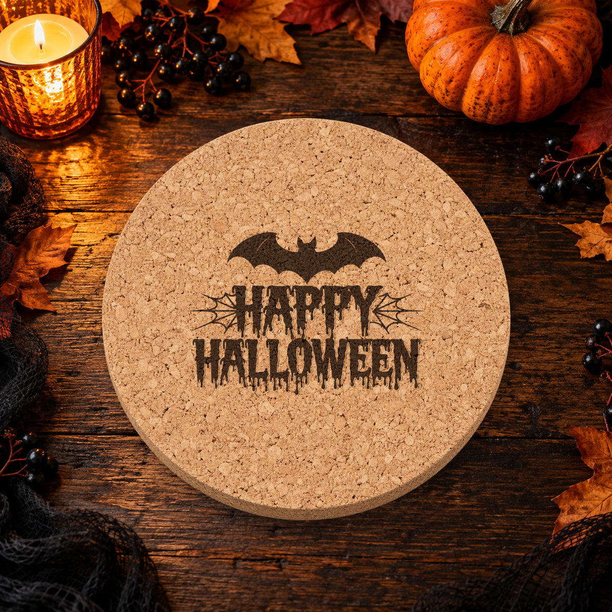 Happy Halloween laser engraved Halloween cork coaster — lifestyle view