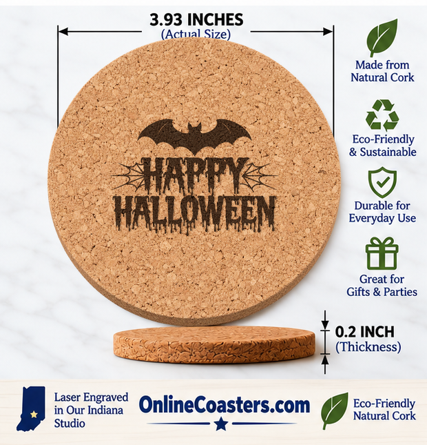 Happy Halloween cork coaster size diagram, 3.93 inch diameter and 0.2 inch thickness
