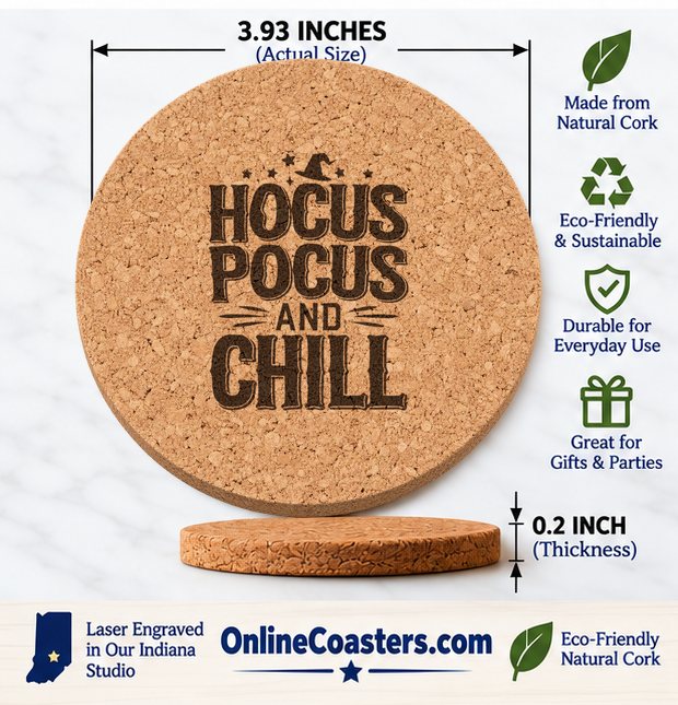 Hocus Pocus and Chill cork coaster size diagram, 3.93 inch diameter and 0.2 inch thickness
