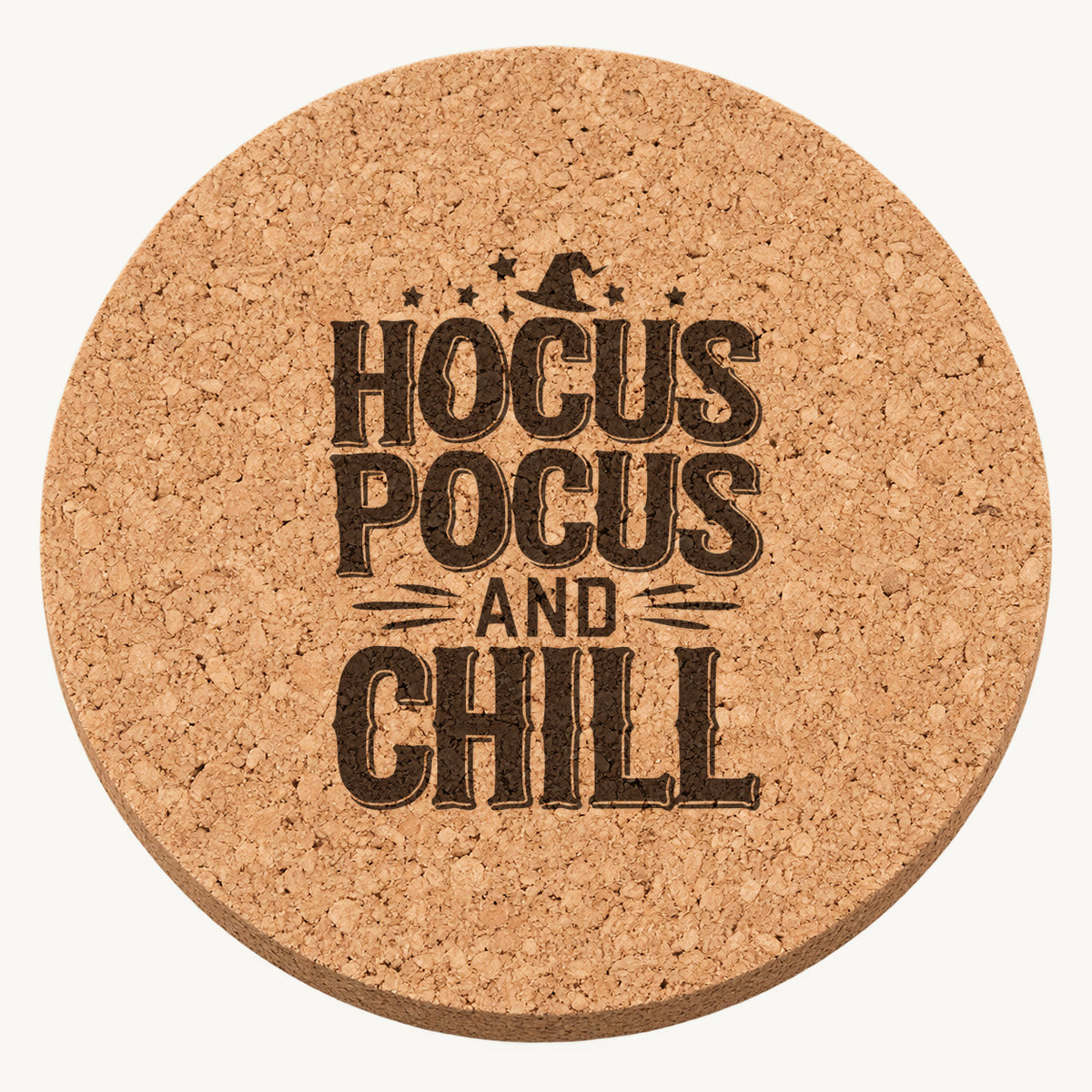Hocus Pocus and Chill laser engraved Halloween cork coaster — front view