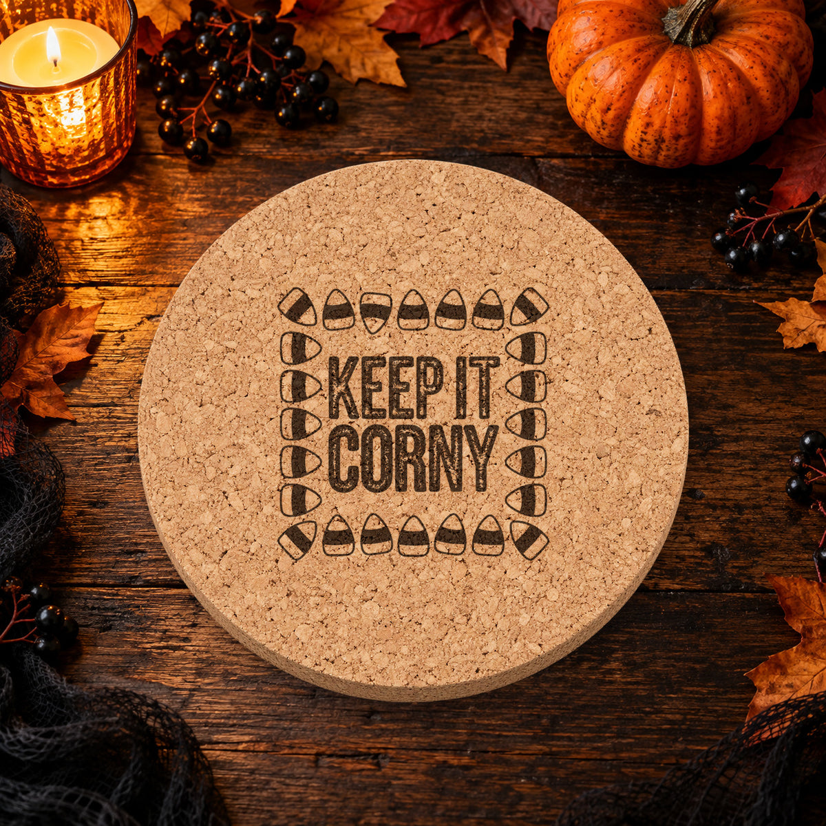 Keep It Corny laser engraved Halloween cork coaster — lifestyle view