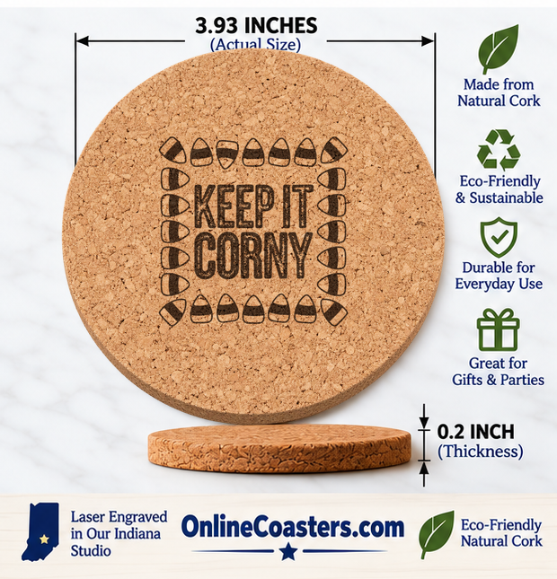 Keep It Corny cork coaster size diagram, 3.93 inch diameter and 0.2 inch thickness