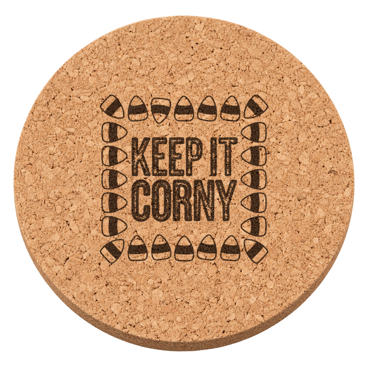 Keep It Corny laser engraved Halloween cork coaster — transparent view