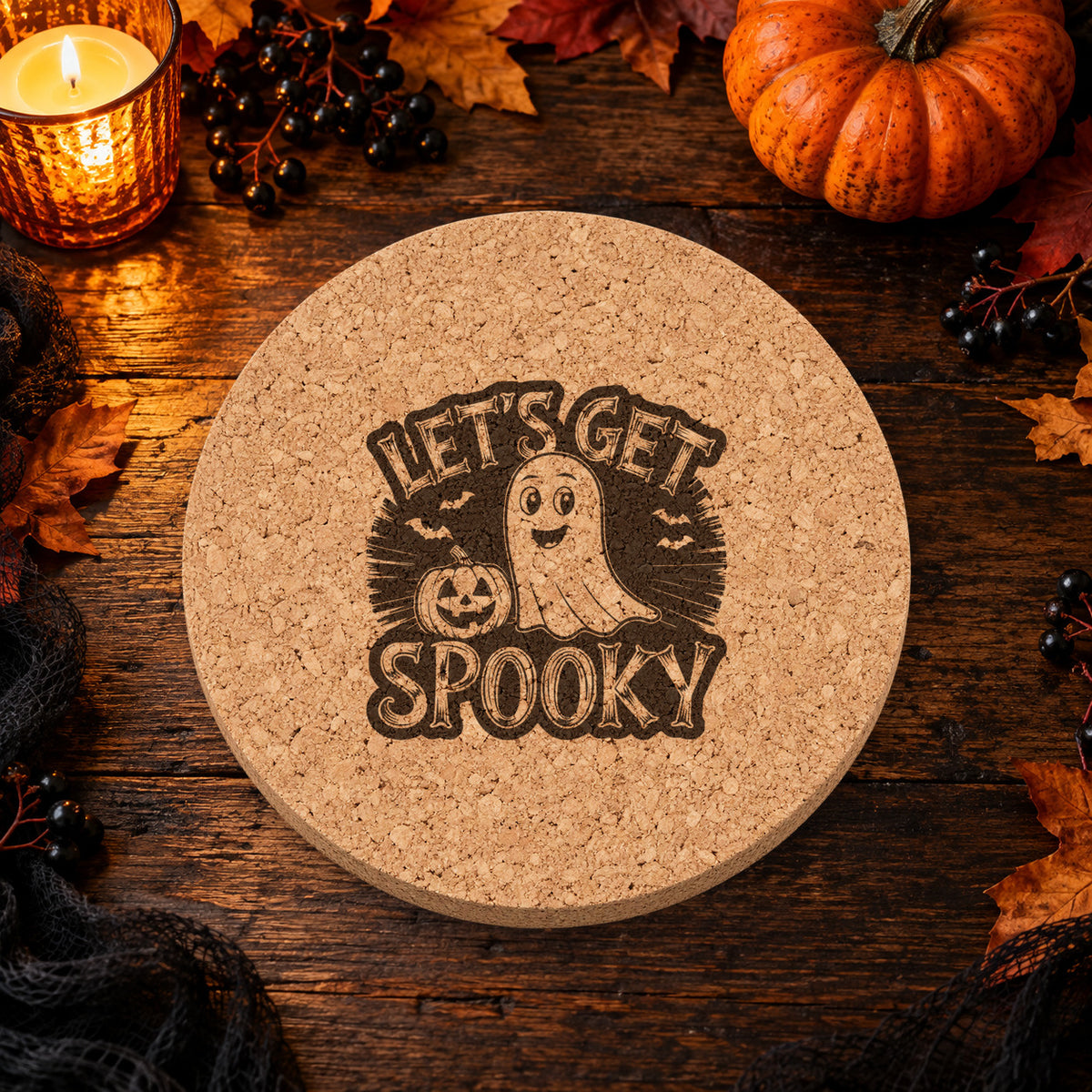 Let's Get Spooky laser engraved Halloween cork coaster — lifestyle view