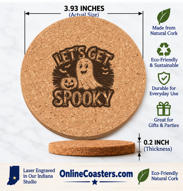 Let's Get Spooky cork coaster size diagram, 3.93 inch diameter and 0.2 inch thickness