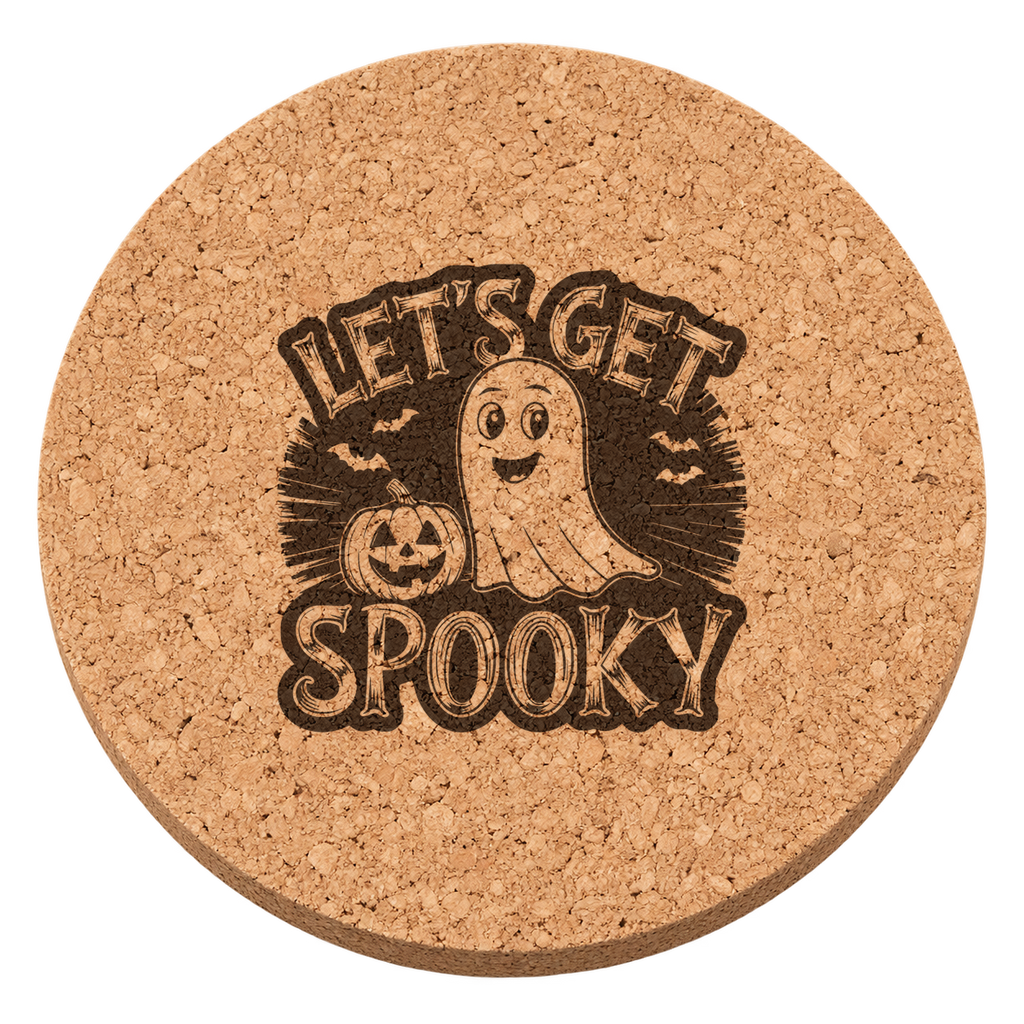 Let's Get Spooky laser engraved Halloween cork coaster — transparent view