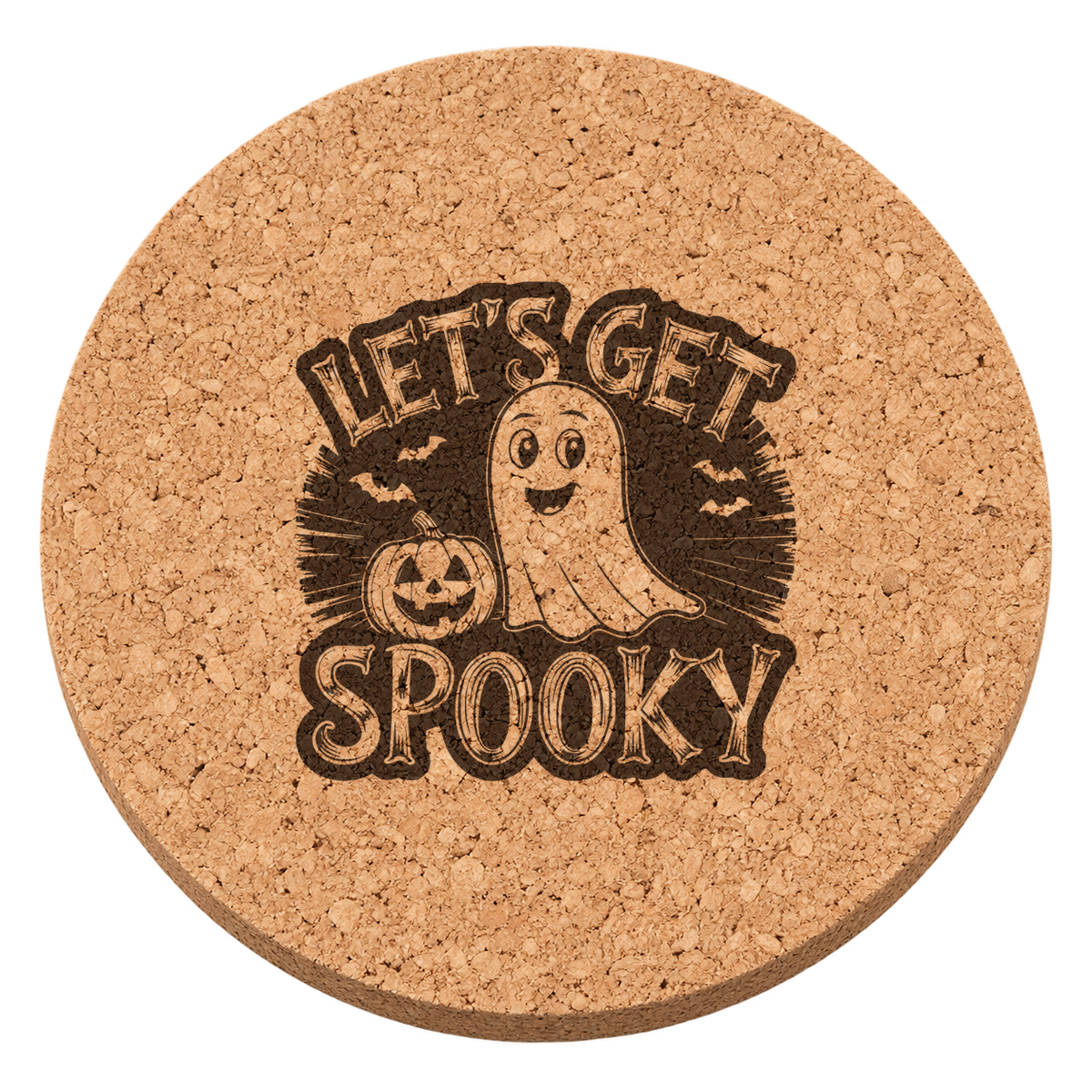 Let's Get Spooky laser engraved Halloween cork coaster — transparent view