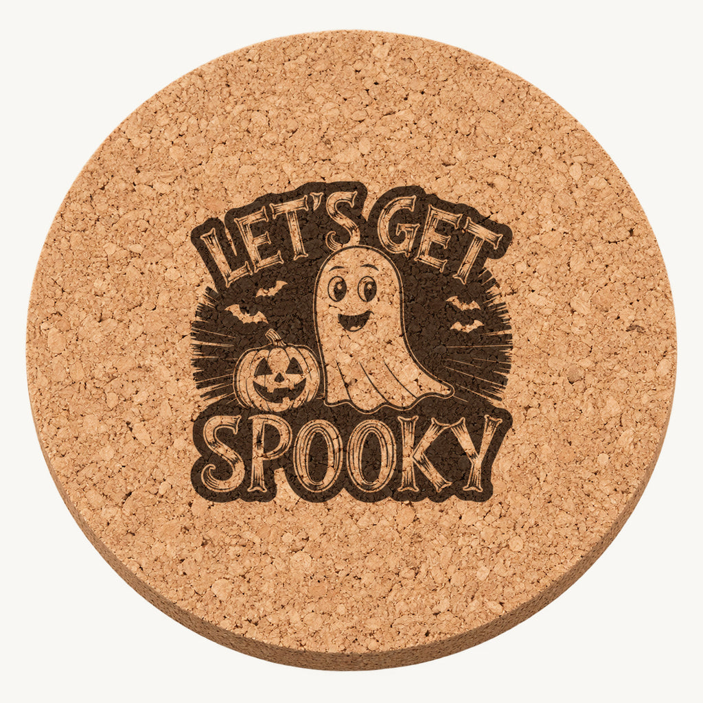 Let's Get Spooky laser engraved Halloween cork coaster — front view