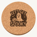 Let's Get Spooky laser engraved Halloween cork coaster — front view