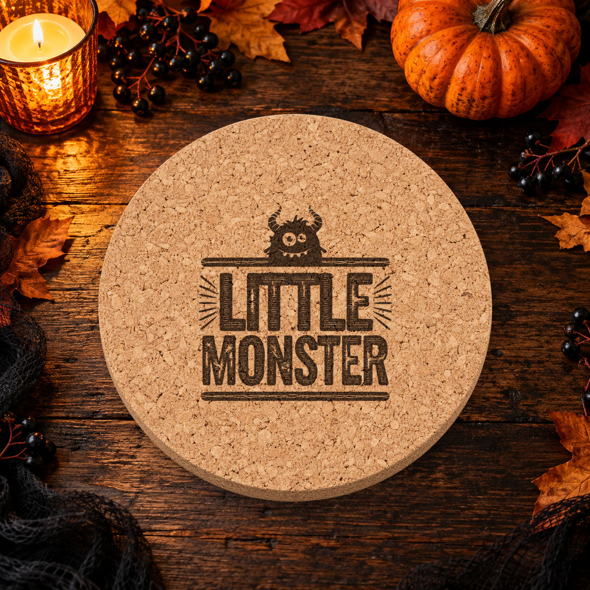 Little Monster laser engraved Halloween cork coaster — lifestyle view
