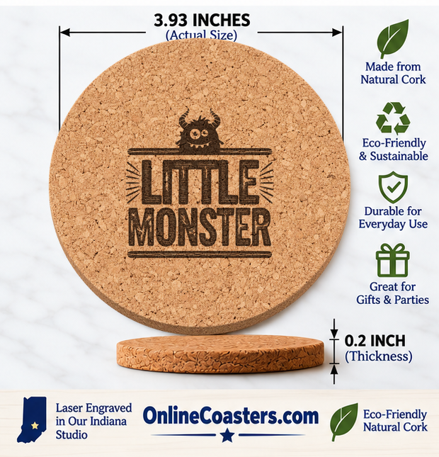 Little Monster cork coaster size diagram, 3.93 inch diameter and 0.2 inch thickness