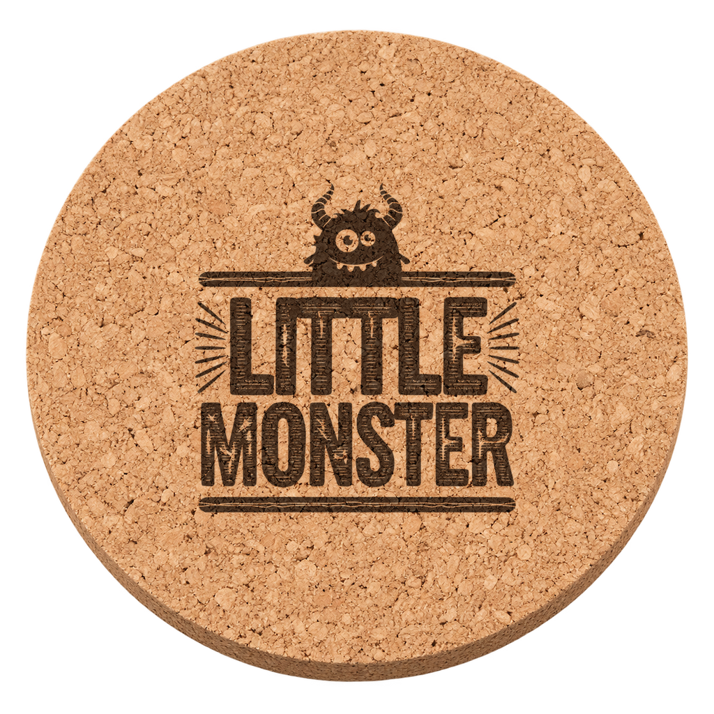 Little Monster laser engraved Halloween cork coaster — transparent view