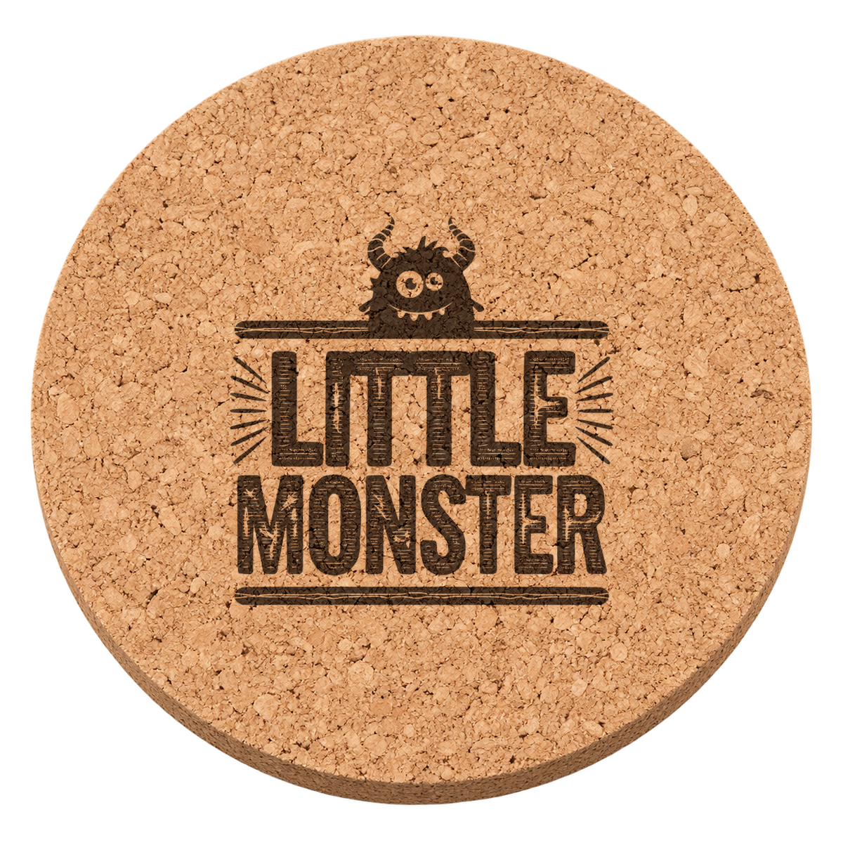 Little Monster laser engraved Halloween cork coaster — transparent view