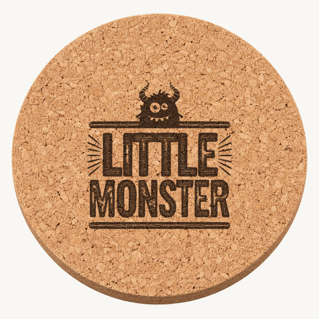 Little Monster laser engraved Halloween cork coaster — front view