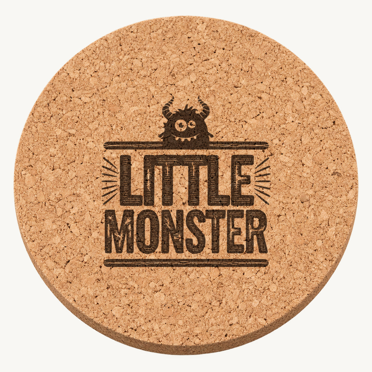 Little Monster laser engraved Halloween cork coaster — front view