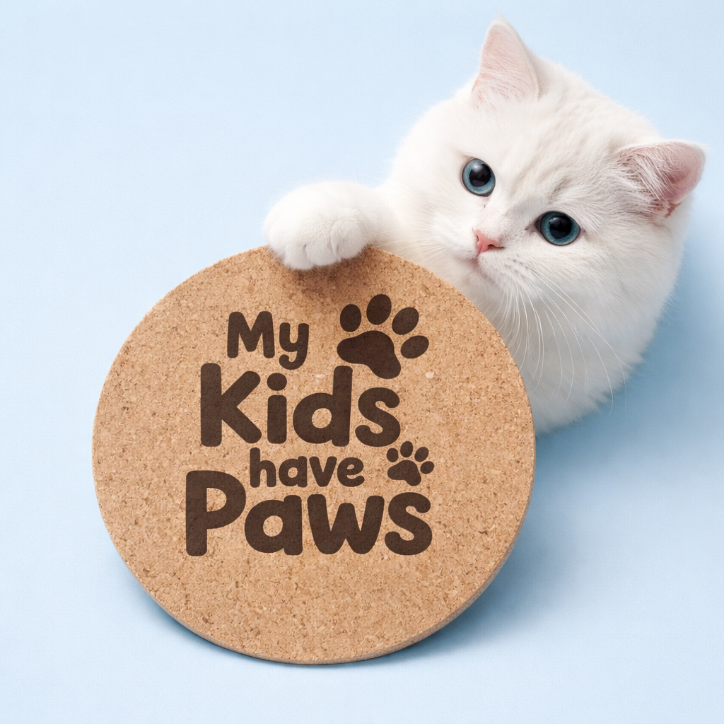 My Kids Have Paws cork coaster with a white cat
