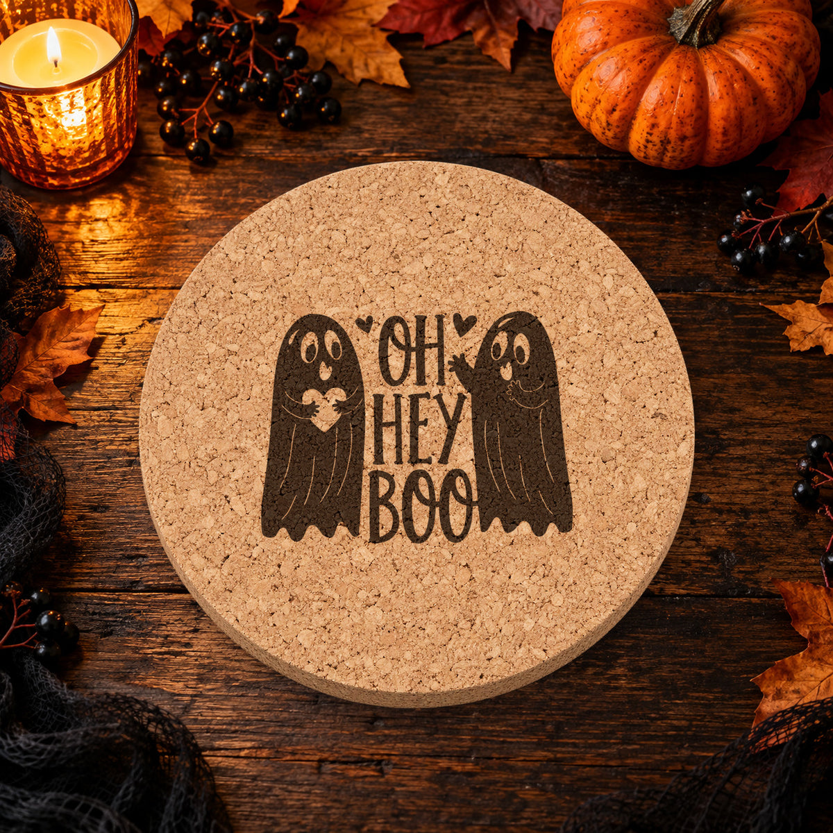 Oh Hey Boo laser engraved Halloween cork coaster — lifestyle view