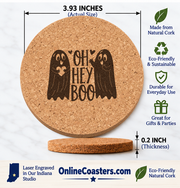 Oh Hey Boo cork coaster size diagram, 3.93 inch diameter and 0.2 inch thickness