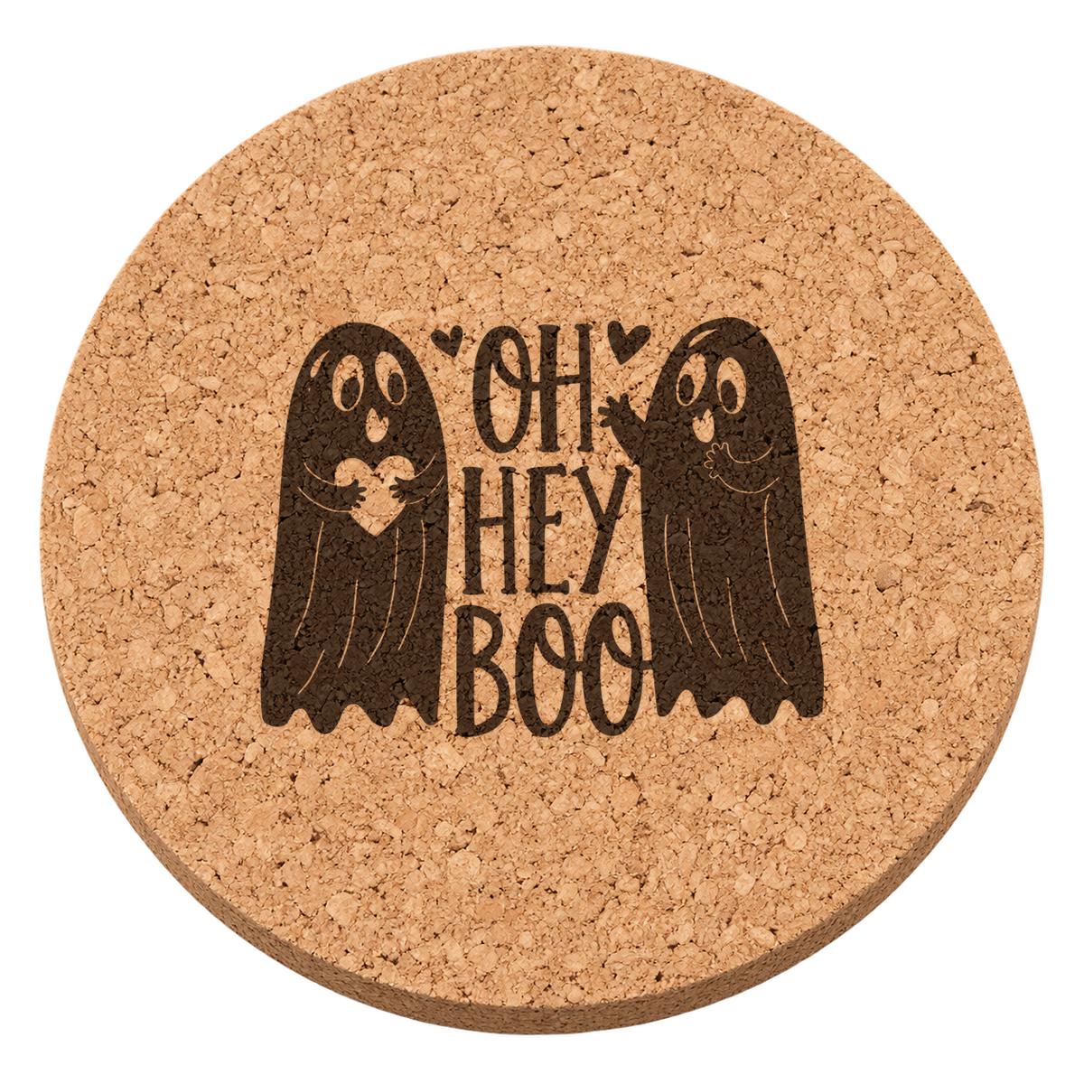 Oh Hey Boo laser engraved Halloween cork coaster — transparent view