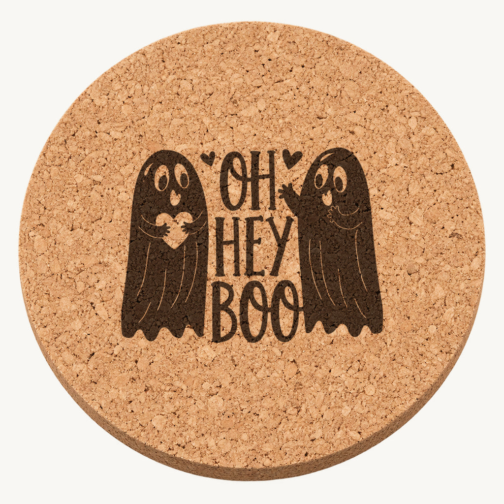 Oh Hey Boo laser engraved Halloween cork coaster — front view