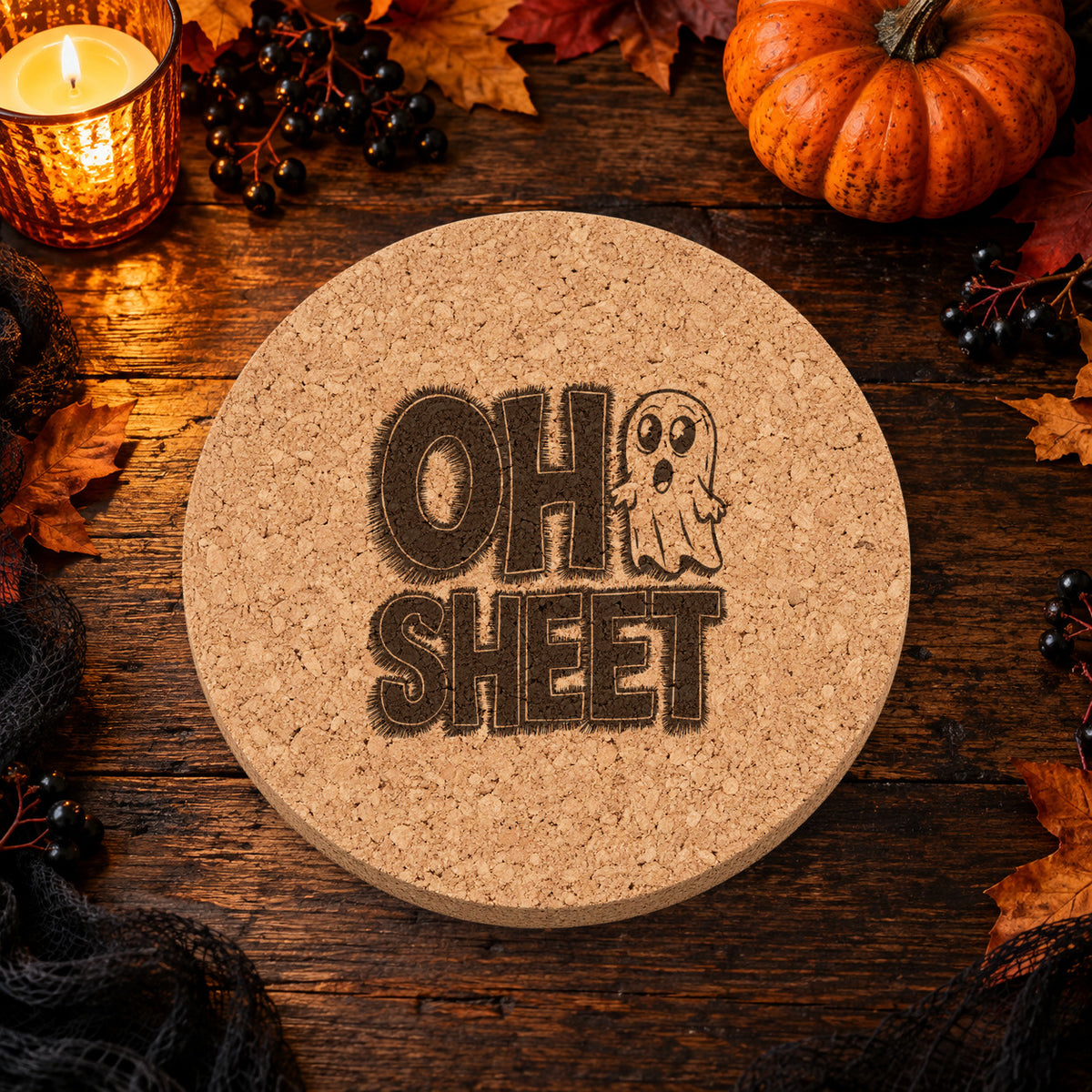 Oh Sheet laser engraved Halloween cork coaster — lifestyle view