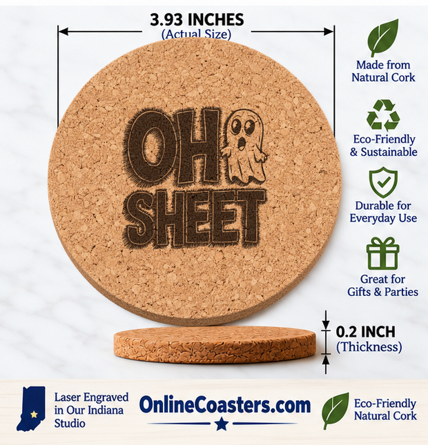 Oh Sheet cork coaster size diagram, 3.93 inch diameter and 0.2 inch thickness
