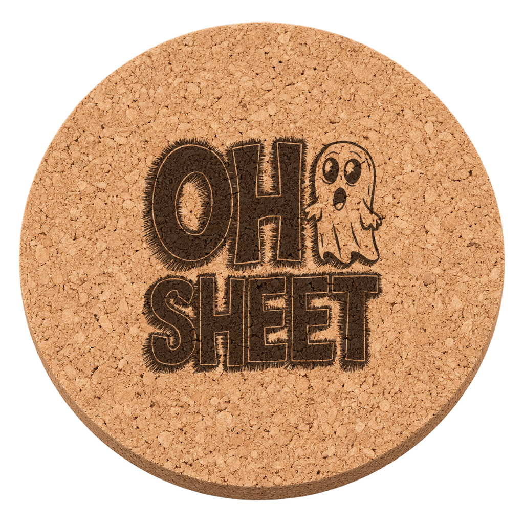 Oh Sheet laser engraved Halloween cork coaster — transparent view