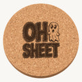 Oh Sheet laser engraved Halloween cork coaster — front view