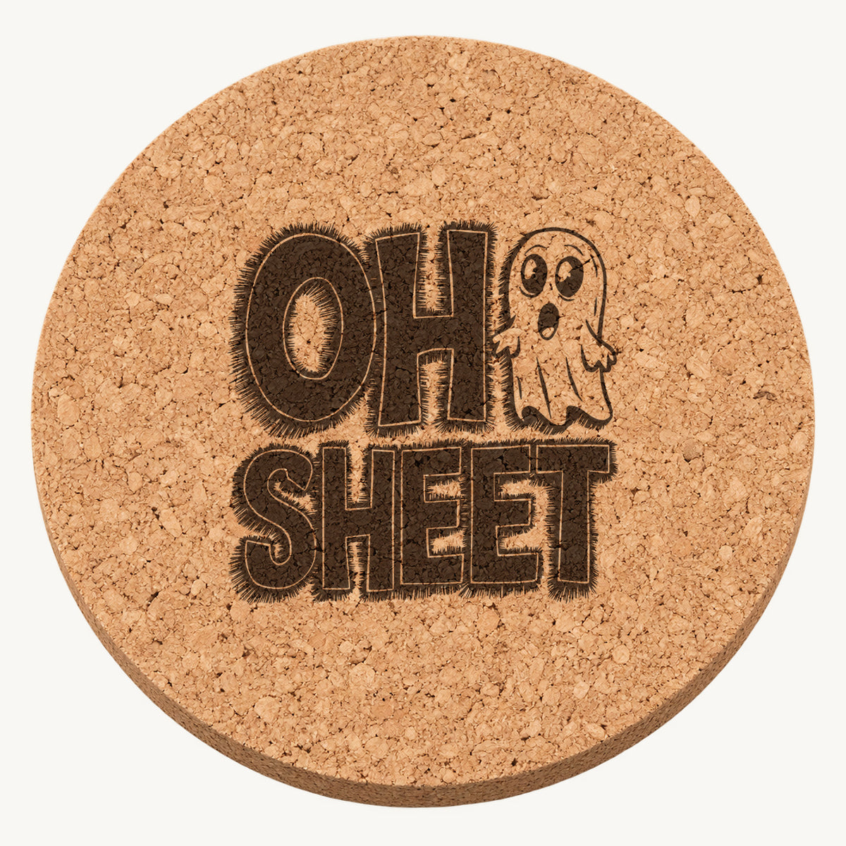 Oh Sheet laser engraved Halloween cork coaster — front view