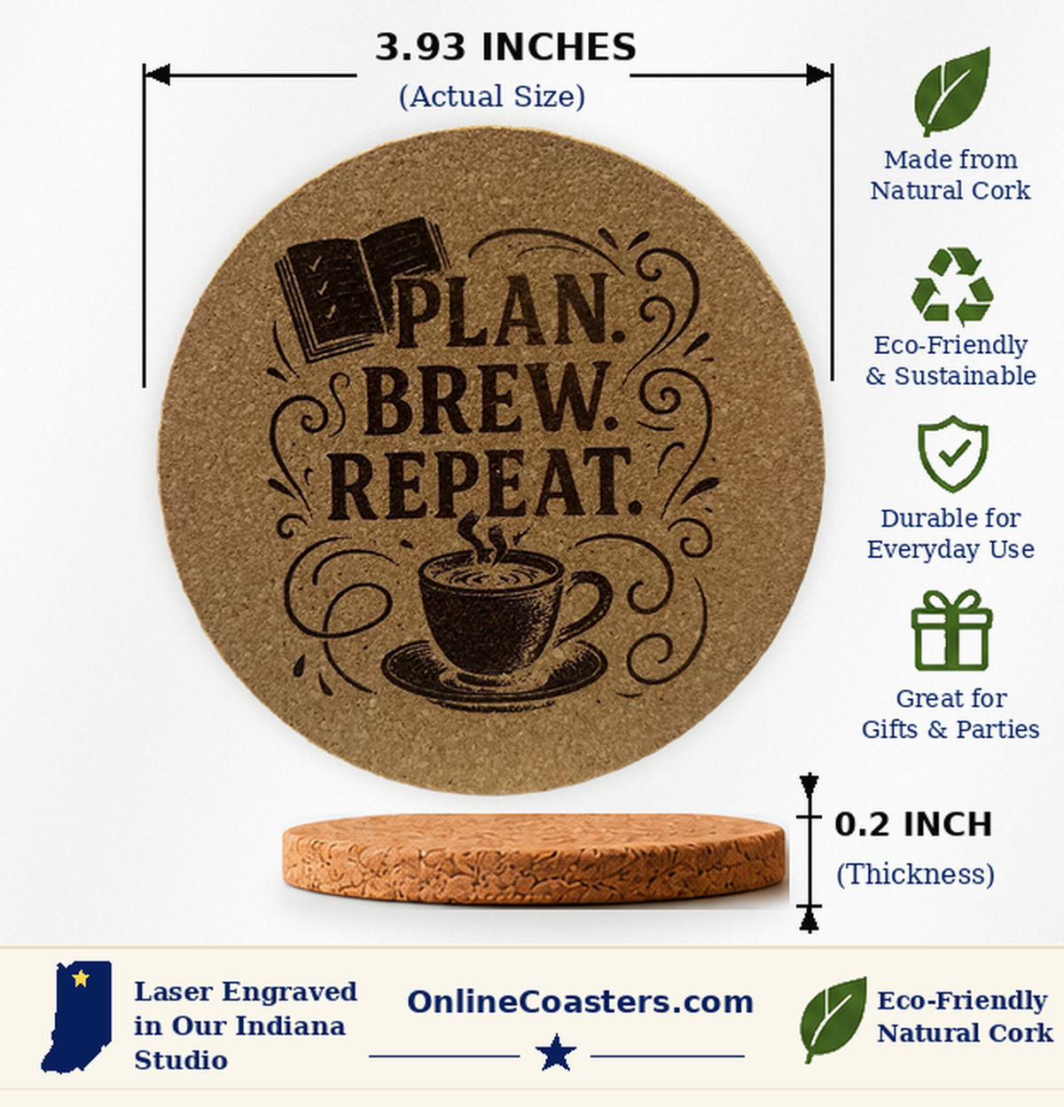 Plan Brew Repeat cork coaster size diagram, 3.93 inch diameter and 0.2 inch thickness