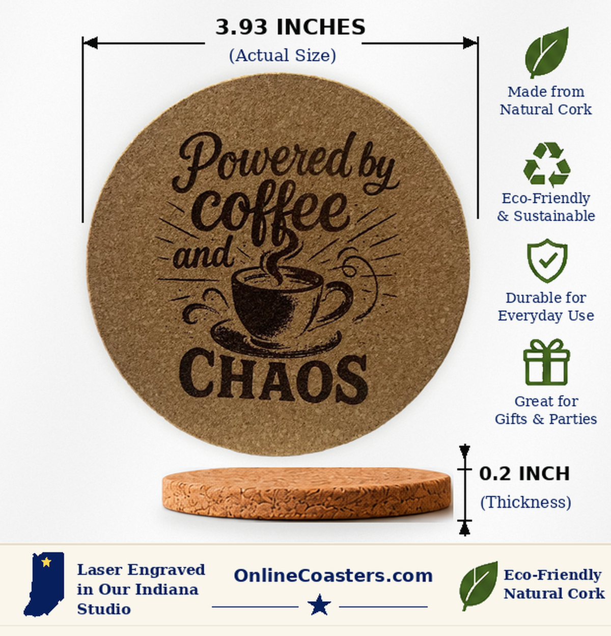 Powered By Coffee And Chaos cork coaster size diagram, 3.93 inch diameter and 0.2 inch thickness