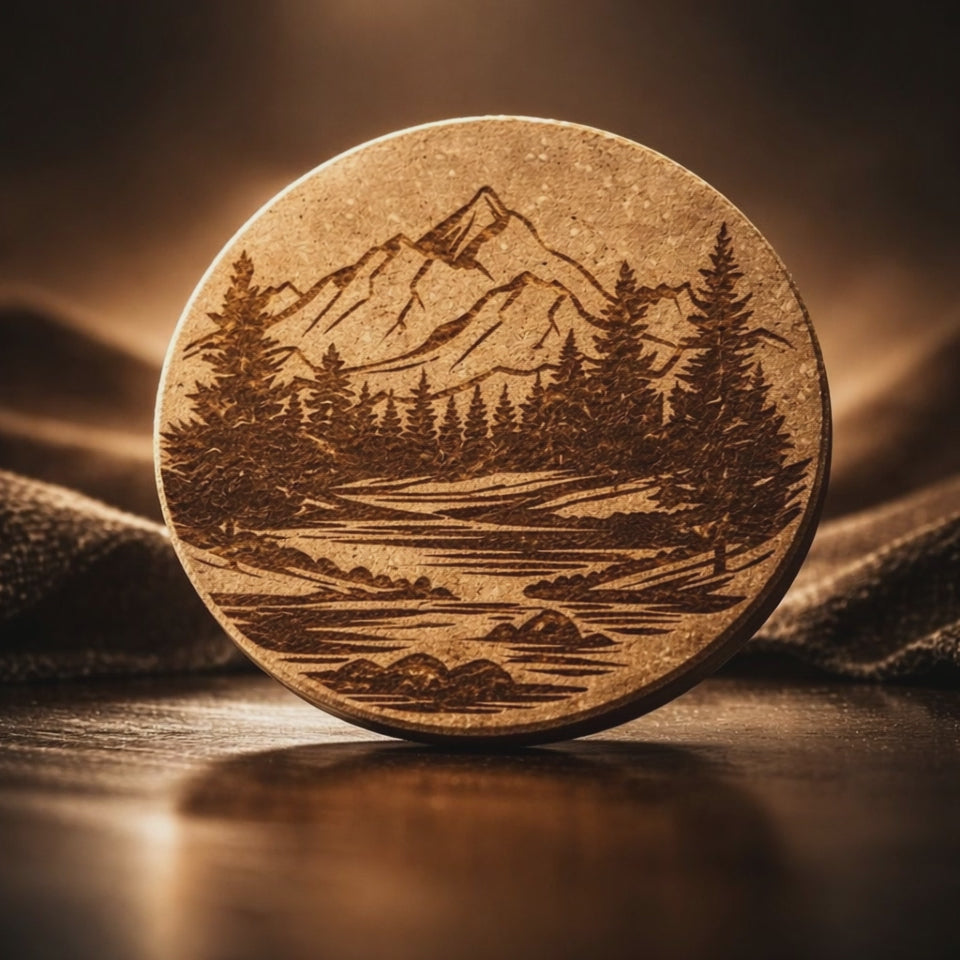 4 inch cork coaster – Mountain stream with pine trees 38 - landscape theme