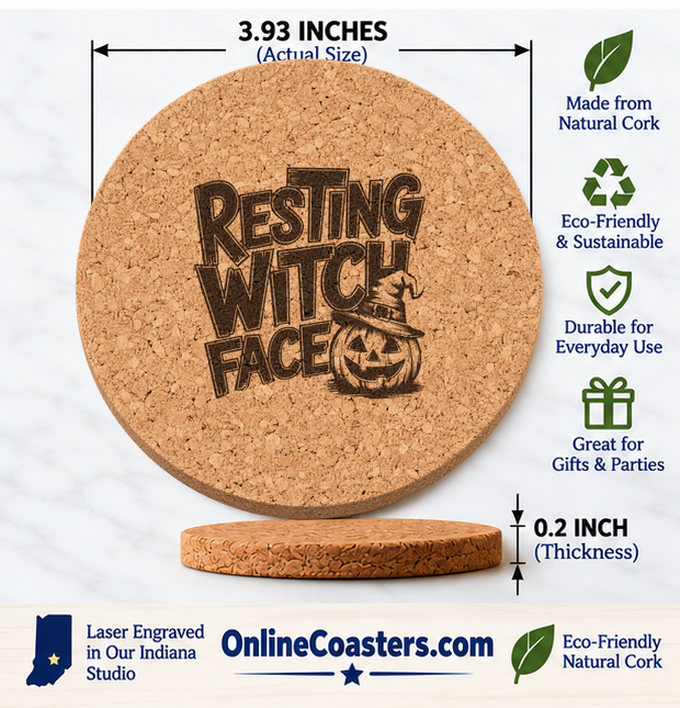 Resting Witch Face cork coaster size diagram, 3.93 inch diameter and 0.2 inch thickness