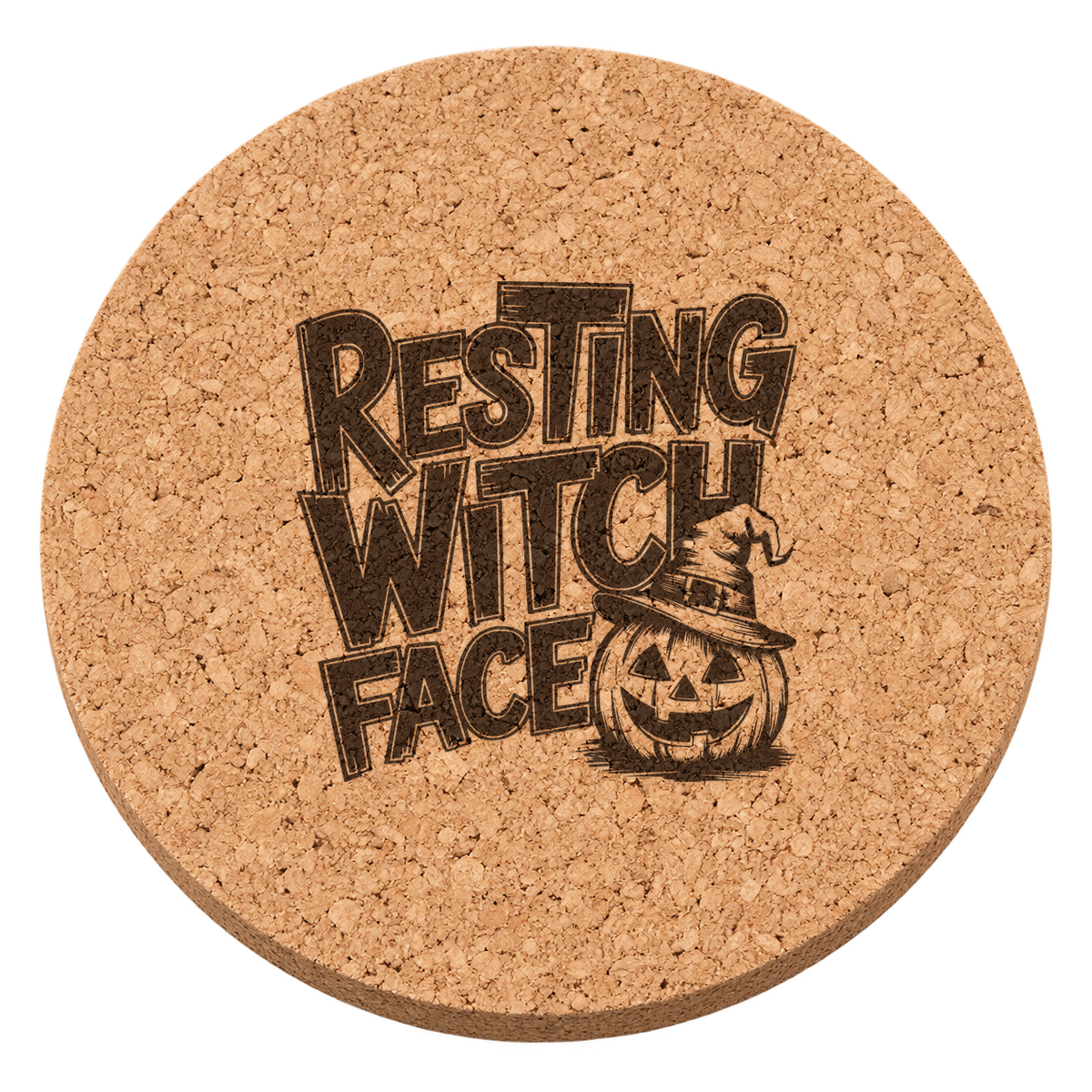 Resting Witch Face laser engraved Halloween cork coaster — transparent view