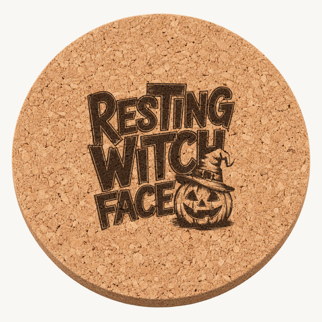 Resting Witch Face laser engraved Halloween cork coaster — front view