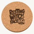 Resting Witch Face laser engraved Halloween cork coaster — front view