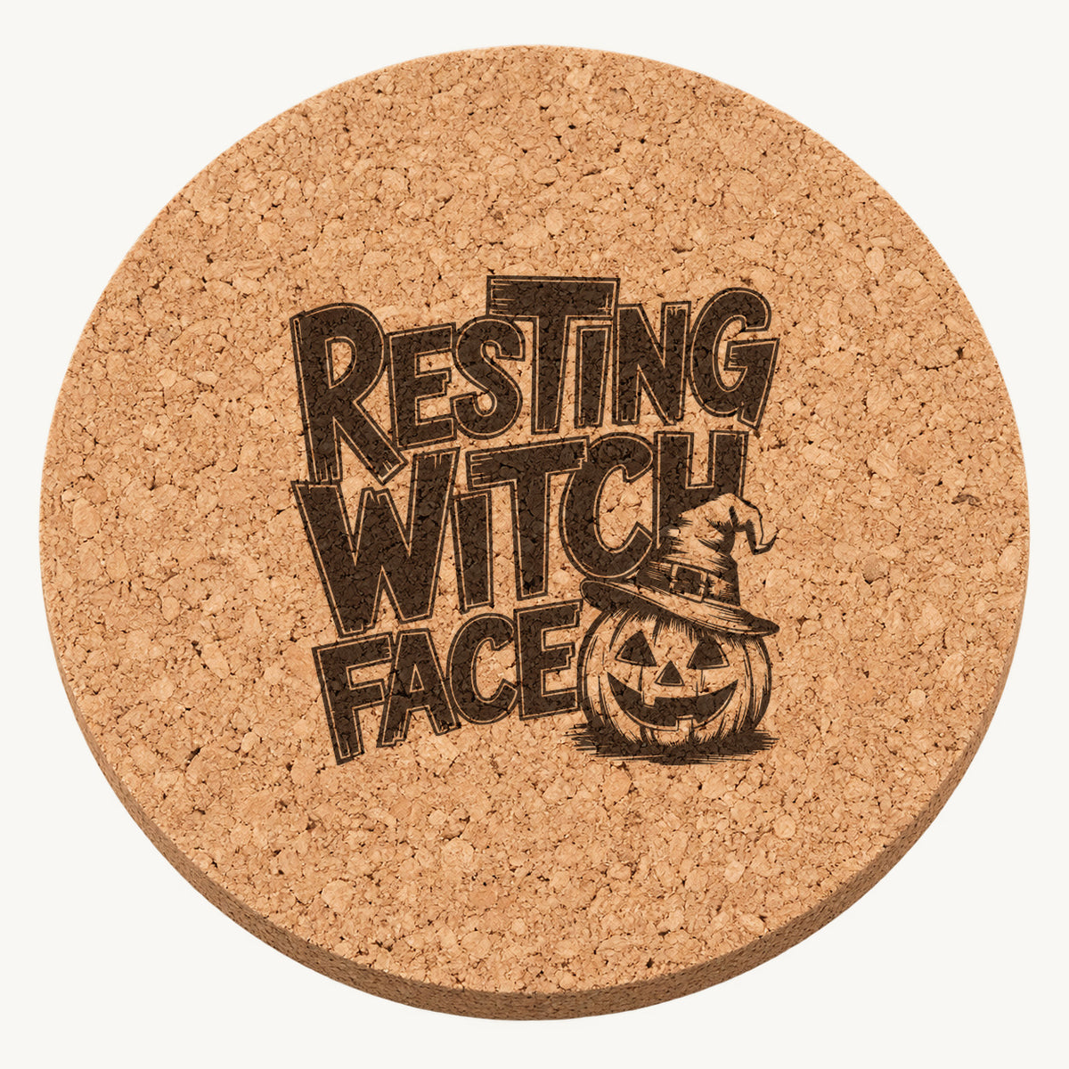 Resting Witch Face laser engraved Halloween cork coaster — front view