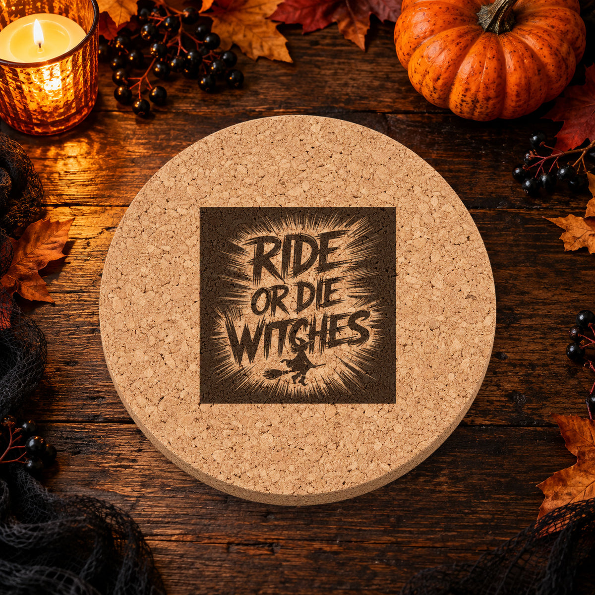 Ride or Die Witches laser engraved Halloween cork coaster — lifestyle view